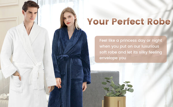 LINENOVA Fleece Flannel Robe Night Gown for Women & Men, Soft Warm Fluffy Long Spa Bath Robe Shawl Collar with Pocket