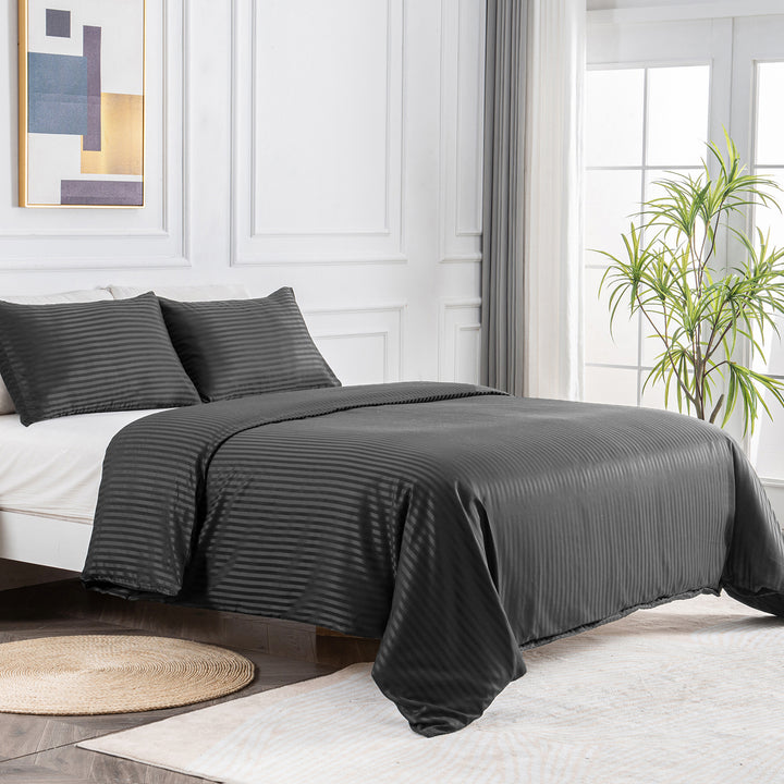 LINENOVA Brushed Microfibre Striped Bed Quilt Cover Set King Dark Grey