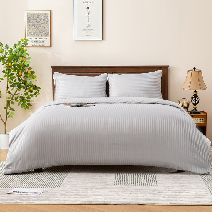LINENOVA Brushed Microfibre Striped Bed Quilt Cover Set Super King Light Grey