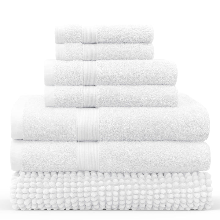 LINENOVA 550GSM Cotton Bath Towel-Bath Mat Sets 7Pcs White