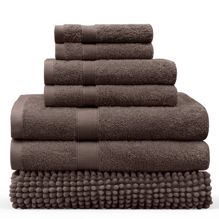 LINENOVA 550GSM Cotton Bath Towel-Bath Mat Sets 7Pcs Chocolate Brown
