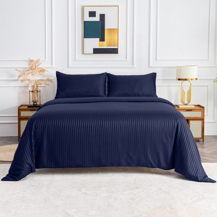 LINENOVA Brushed Microfibre Striped Bed Quilt Cover Set Super King Navy