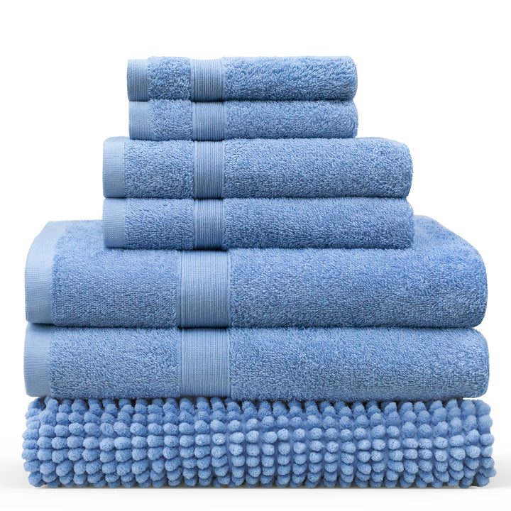 LINENOVA 550GSM Cotton Bath Towel-Bath Mat Sets 7Pcs Blue Suede