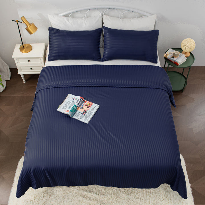 LINENOVA Brushed Microfibre Striped Bed Quilt Cover Set Single Navy