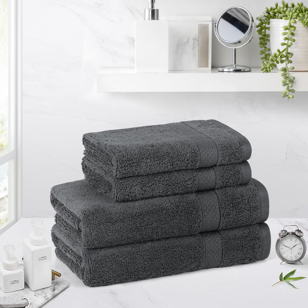 LINENOVA 650GSM Cotton Hand Towels Face Washer Set 4Pcs Charcoal