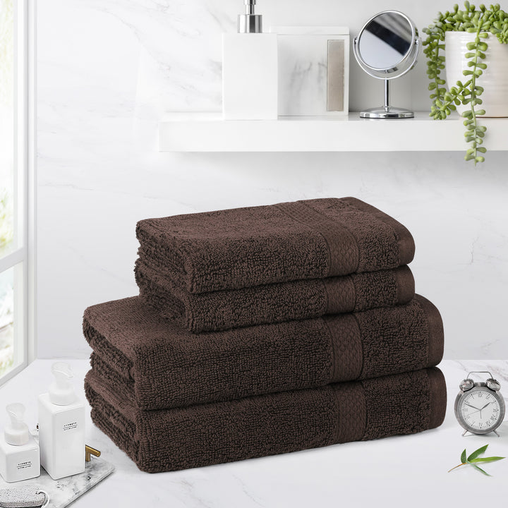 LINENOVA 650GSM Cotton Hand Towels Face Washer Set 4Pcs Chocolate Brown
