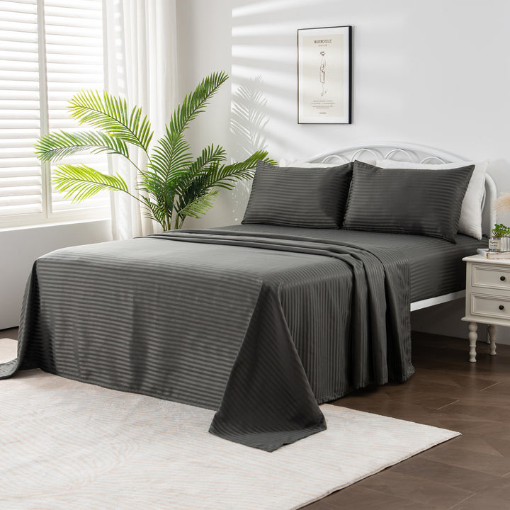 LINENOVA Brushed Microfibre Striped Bed Sheet Set Super King Dark Grey