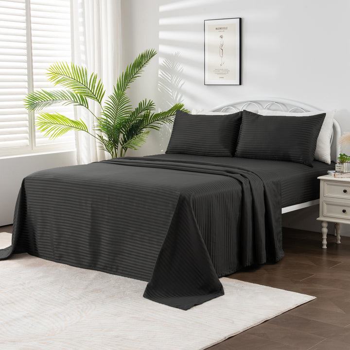 LINENOVA Brushed Microfibre Striped Bed Sheet Set Super King Black