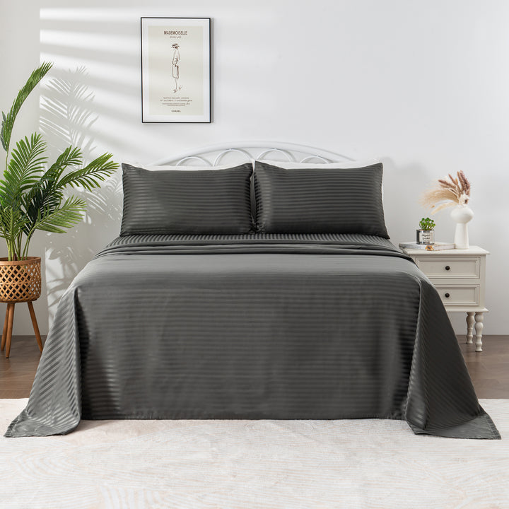 LINENOVA Brushed Microfibre Striped Bed Sheet Set King Dark Grey