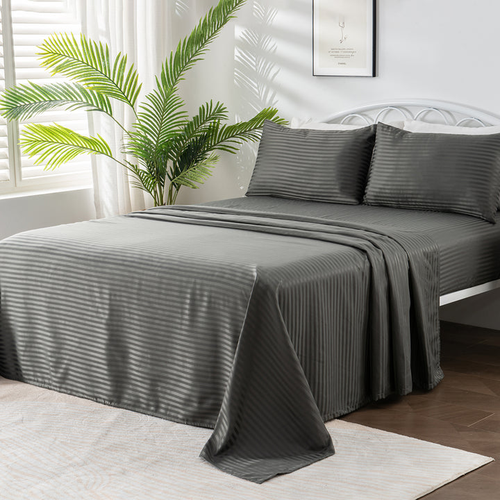 LINENOVA Brushed Microfibre Striped Bed Sheet Set Double Dark Grey