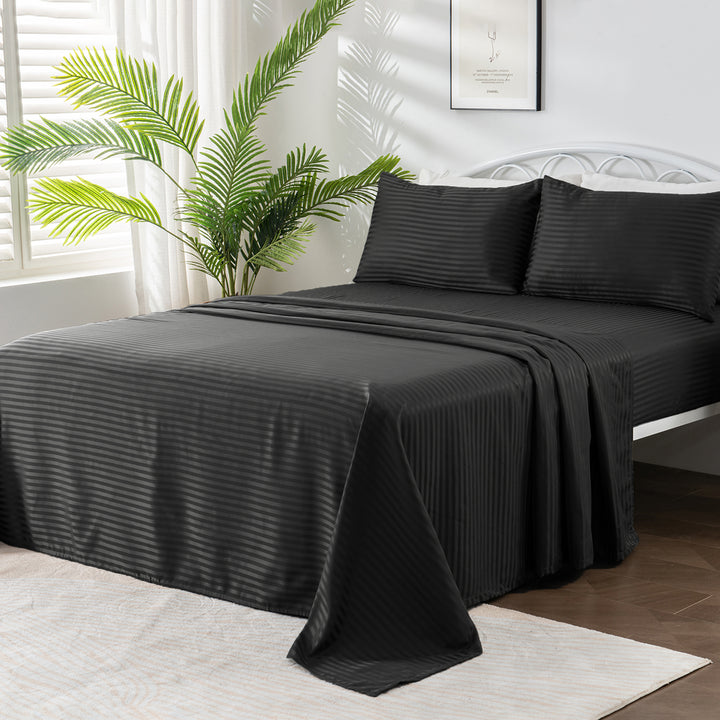 LINENOVA Brushed Microfibre Striped Bed Sheet Set Queen Black