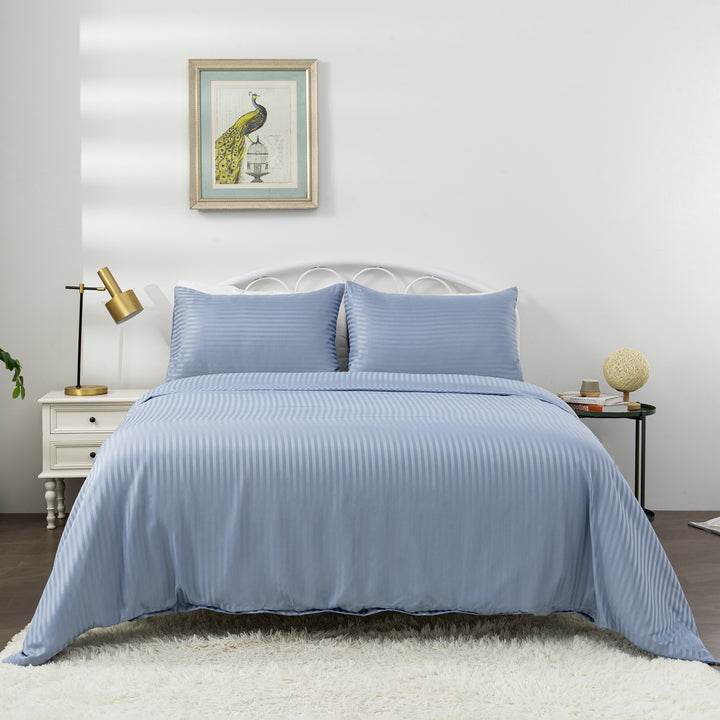LINENOVA Brushed Microfibre Striped Bed Quilt Cover Set Super King Light Blue