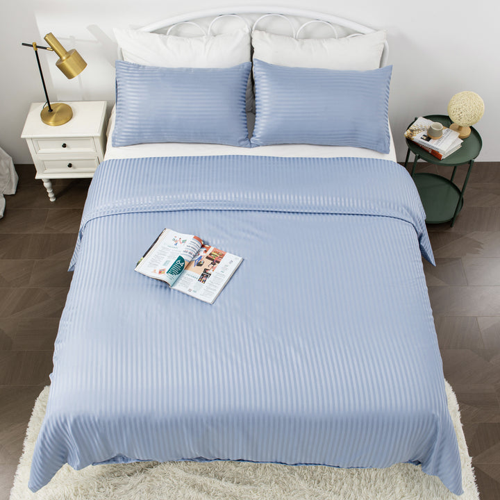 LINENOVA Brushed Microfibre Striped Bed Quilt Cover Set Single Light Blue