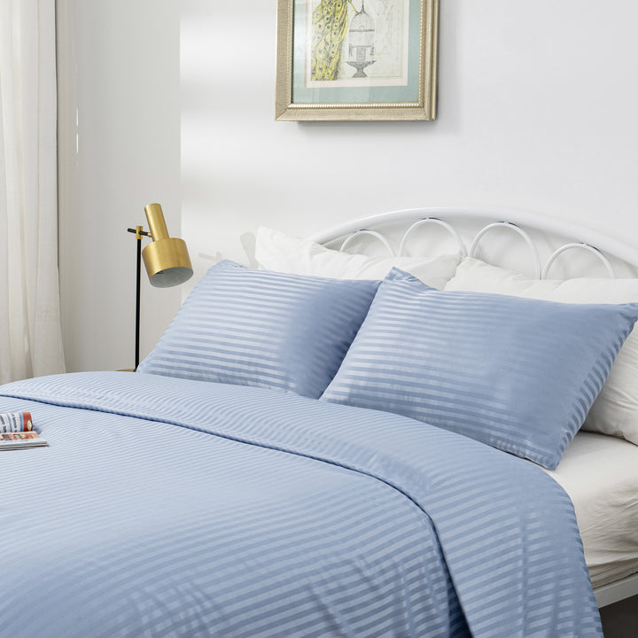 LINENOVA Brushed Microfibre Striped Bed Quilt Cover Set Double  Light Blue