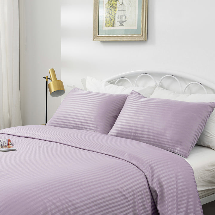 LINENOVA Brushed Microfibre Striped Bed Quilt Cover Set Double Light Purple 