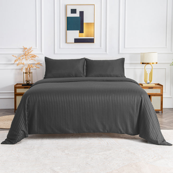 LINENOVA Brushed Microfibre Striped Bed Quilt Cover Set Super King Dark Grey