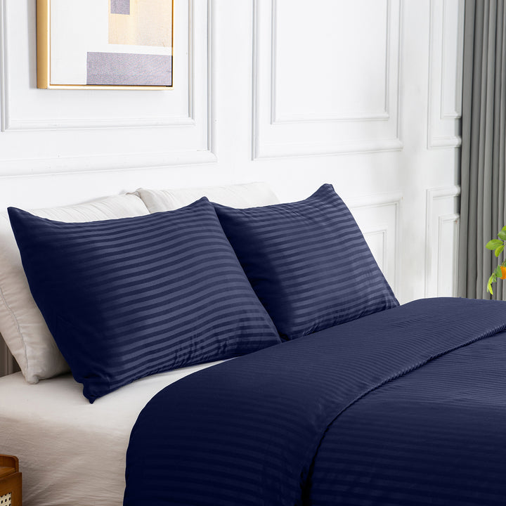 LINENOVA Brushed Microfibre Striped Bed Quilt Cover Set Double Navy 