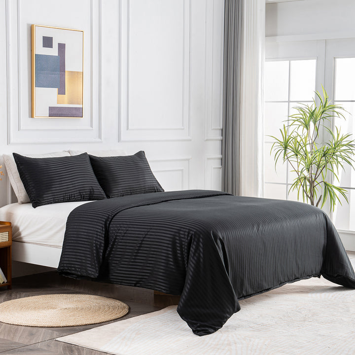 LINENOVA Brushed Microfibre Striped Bed Quilt Cover Set King Black
