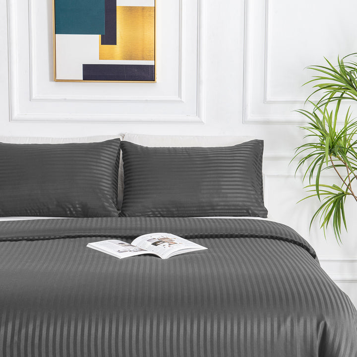 LINENOVA Brushed Microfibre Striped Bed Quilt Cover Set Queen Dark Grey