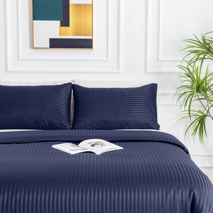 LINENOVA Brushed Microfibre Striped Bed Quilt Cover Set Queen Navy