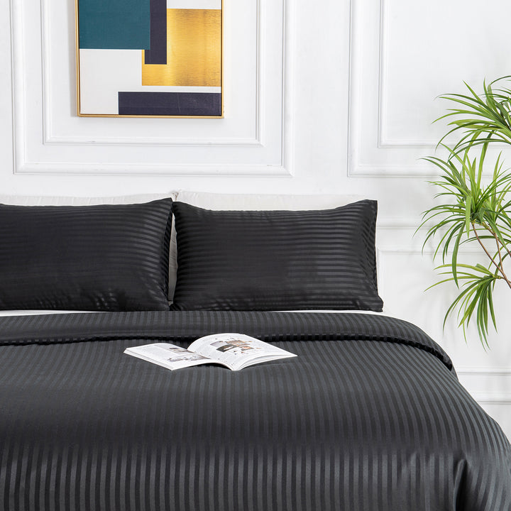 LINENOVA Brushed Microfibre Striped Bed Quilt Cover Set Queen Black