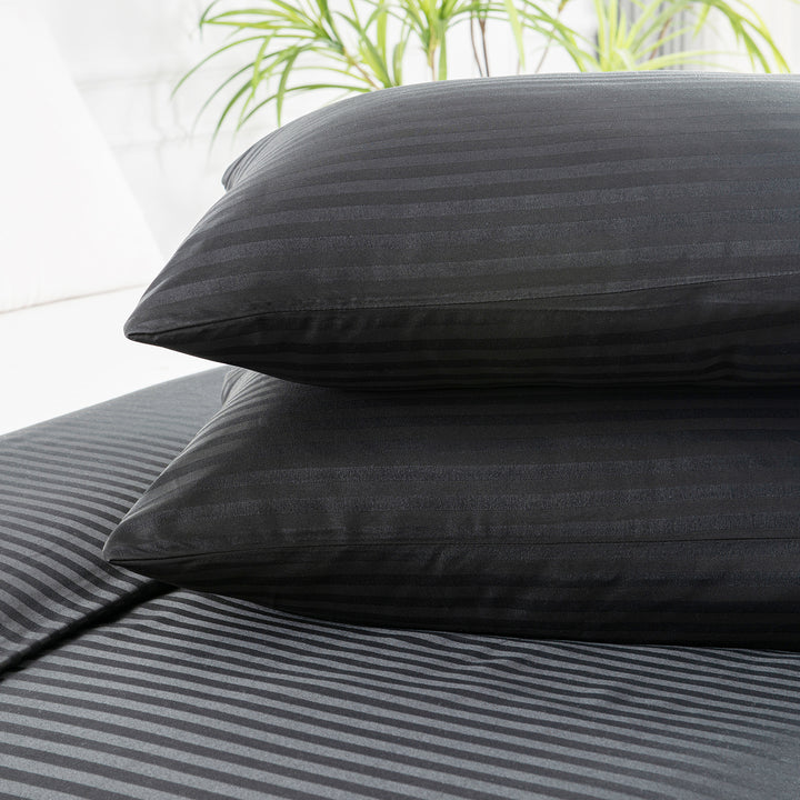 LINENOVA Brushed Microfibre Striped Bed Quilt Cover Set Single Black