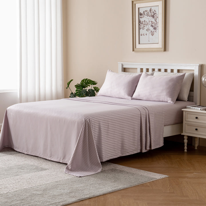 LINENOVA Brushed Microfibre Striped Bed Sheet Set Super King Light Purple