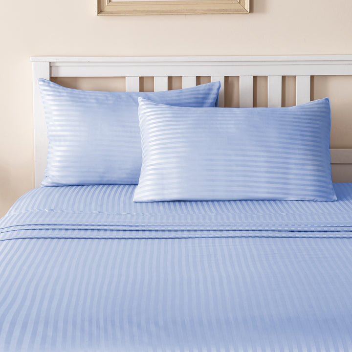 LINENOVA Brushed Microfibre Striped Bed Sheet Set Single Light Blue