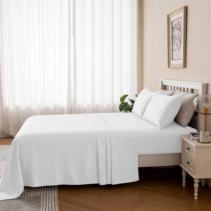 LINENOVA Brushed Microfibre Striped Bed Sheet Set Super King White