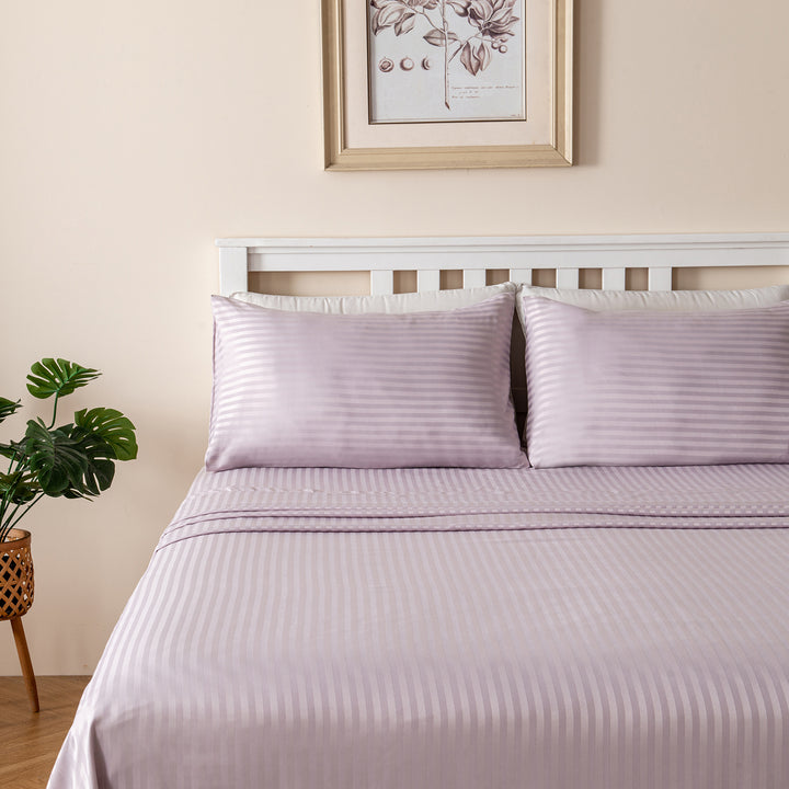 LINENOVA Brushed Microfibre Striped Bed Sheet Set Queen Light Purple