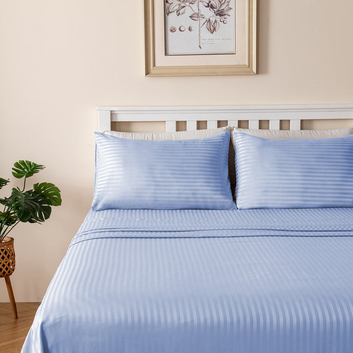 LINENOVA Brushed Microfibre Striped Bed Sheet Set Queen Light Blue