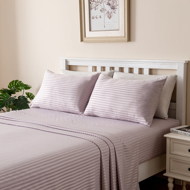 LINENOVA Brushed Microfibre Striped Bed Sheet Set Double Light Purple