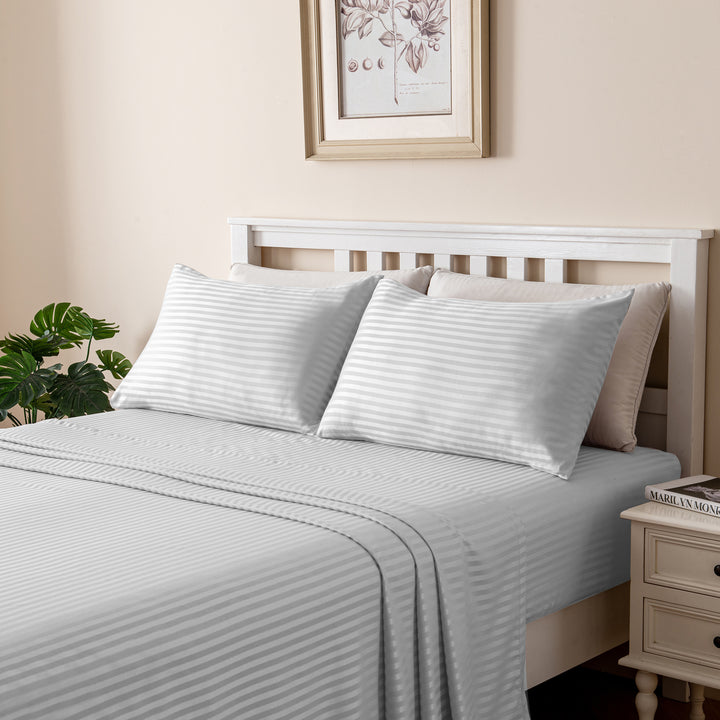 LINENOVA Brushed Microfibre Striped Bed Sheet Set Double Light Grey
