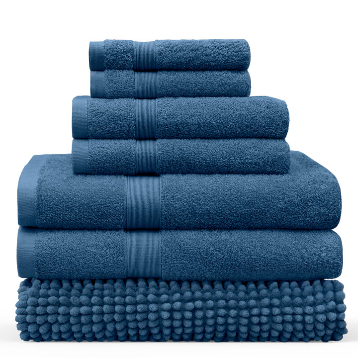 LINENOVA 550GSM Cotton Bath Towel-Bath Mat Sets 7Pcs Navy
