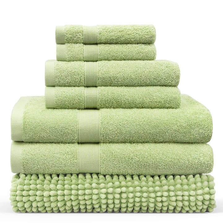 LINENOVA 550GSM Cotton Bath Towel-Bath Mat Sets 7Pcs Pea Pod