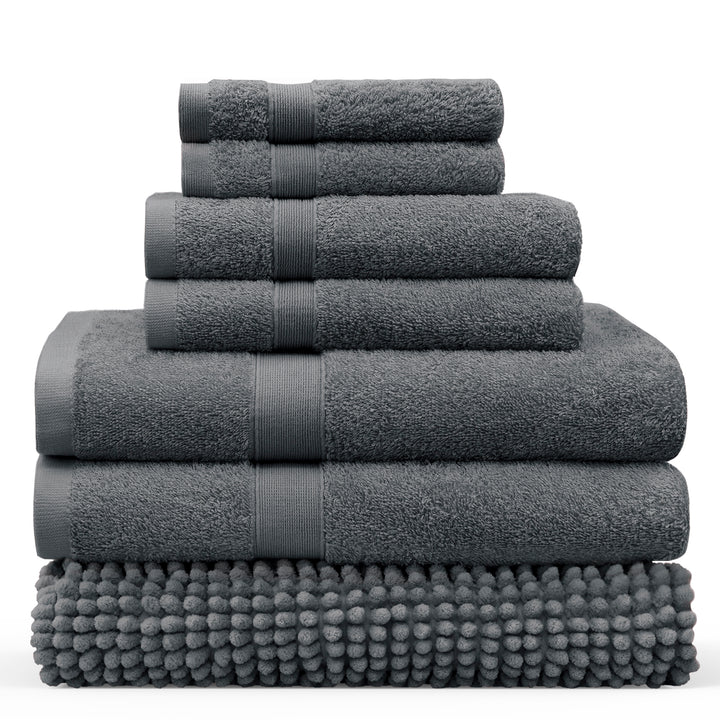 LINENOVA 550GSM Cotton Bath Towel-Bath Mat Sets 7Pcs Charcoal
