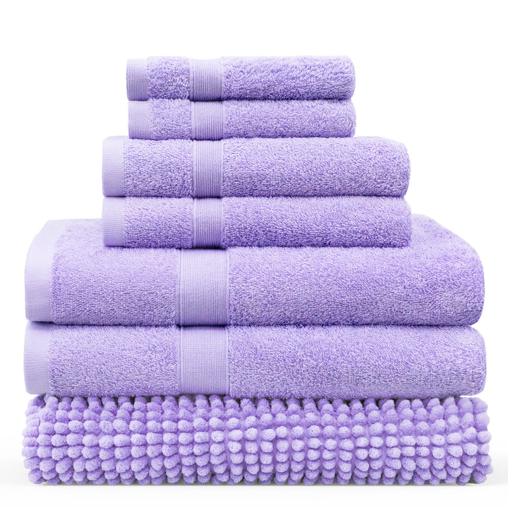 LINENOVA 550GSM Cotton Bath Towel-Bath Mat Sets 7Pcs Lavender