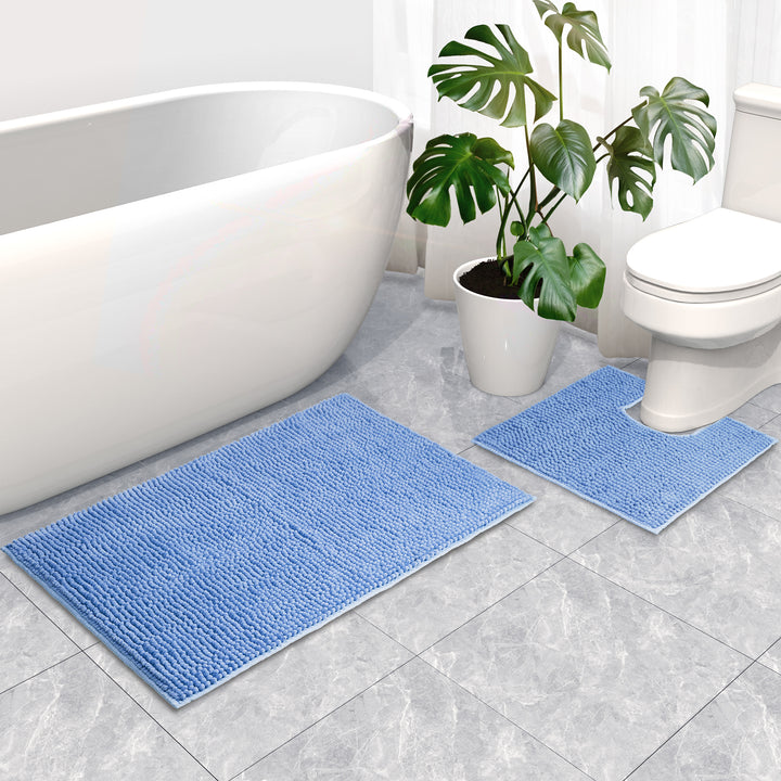 LINENOVA Chenille Bath Mat and Toilet Mat Blue Suede